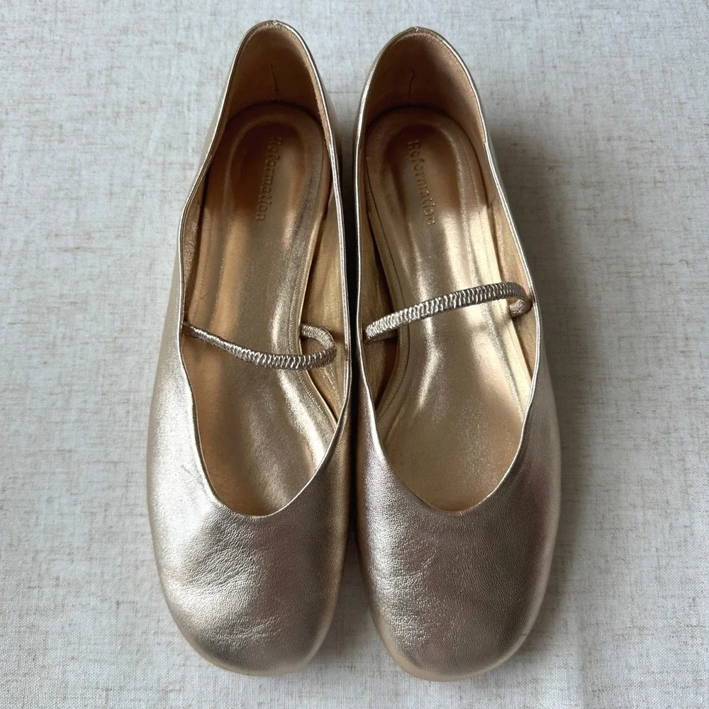 Reformation Bowie Ballet Flat Gold Metallic Leather Mary Jane 5.5 Rare